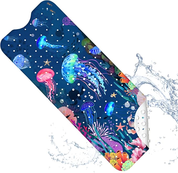 Baby Bath Mat for Tub Non Slip – 40"x16" Extra Long Cartoon Bathtub Mats for Kids Non Slip Shower Mat, Machine Washable, Sea Tub Mats with Suction Cups and Drain Holes for Toddler & Kids (Jellyfish)