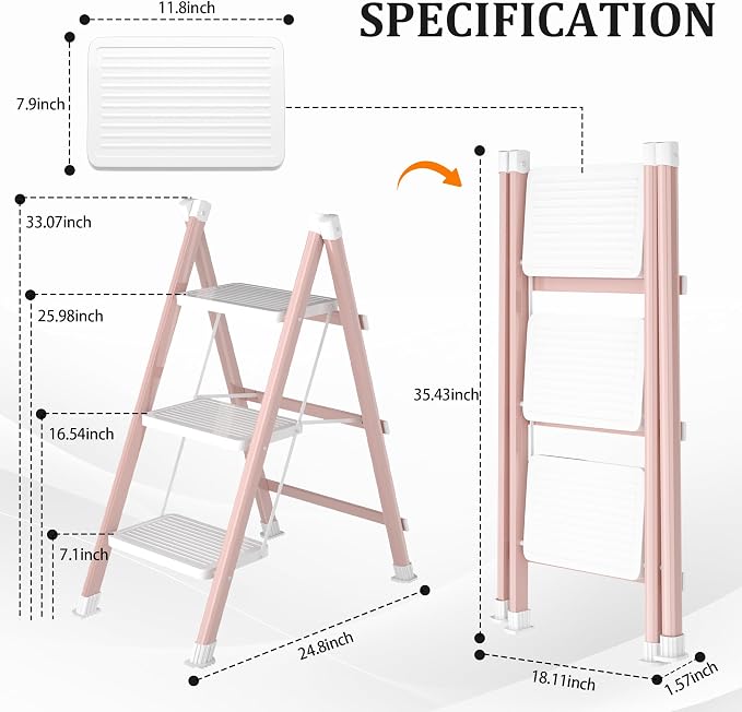 DIAMONDFORGE 3 Step Ladder, Folding Step Stool with Anti-Slip Wide Pedal, Anti-Slip Feet, Sturdiest Steel Construction, 330lbs Capacity Steel Ladder for Home and Office, Pink White