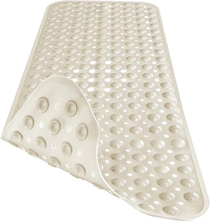 Extra Long Bathtub Mat Non Slip, Beige Soft Bath Mat for Tub 40 x 16 Inch Full Size, Bath Tub Shower Mats for Bathroom Floor with Big Suction Cups and Drain Holes, Easy Washable, BPA Free