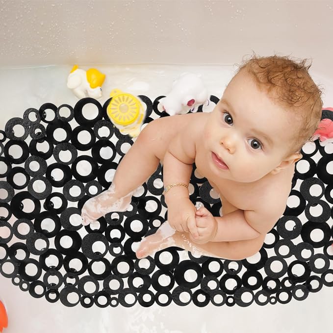 WELTRXE Oval Bathtub Mat Non Slip, Black Bubbles Bath Mats for Tub, Shower Mat with Drain Holes, Suction Cups, Machine Washable Bath Tub Mat, BPA, Latex, Phthalate Free for Bathroom, 27 x 14 Inch
