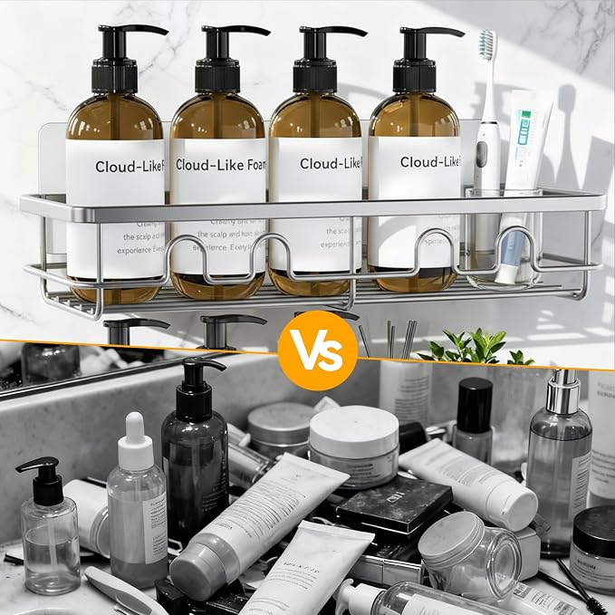 Adhesive Shower Caddy, Large Capacity Shower Racks for Inside Shower, No Drill Bathroom Shower Organizer and Storage, 2 Pack Silver Bathroom Shelves, Home Decor Rv Accessories, Apartment