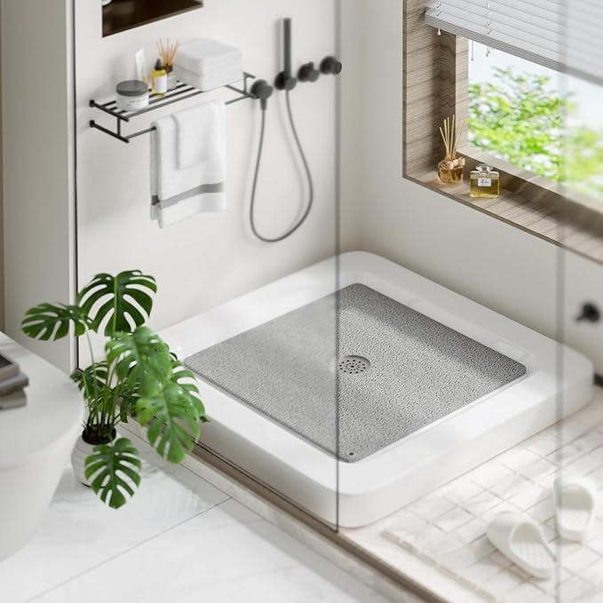 HITSLAM Square Shower Mat, 32 x 32 Inch Non Slip Bath Mat for Tub, Soft PVC Loofah Bathtub Mats with Drain Holes, Quick Drying Bathroom Stall Floor Mat, Bathroom Accessories Without Suction Cup, Grey