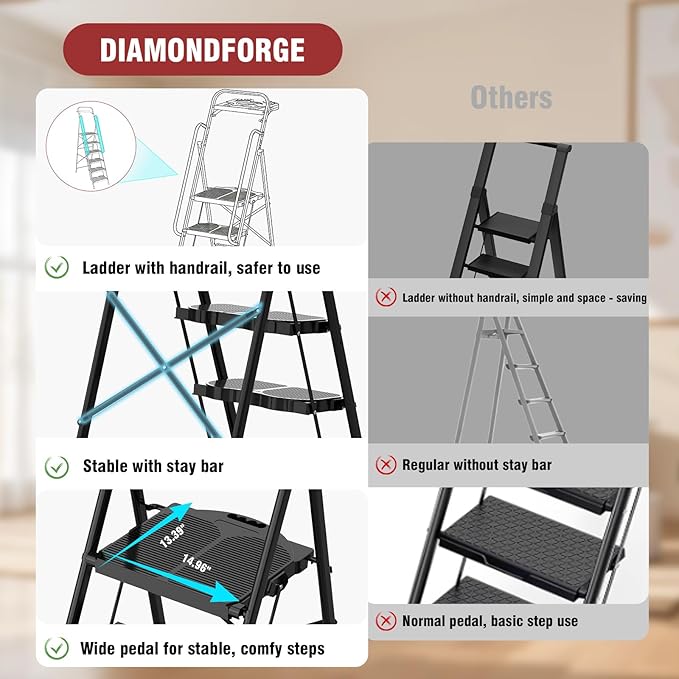 6 Step Foldable Step Ladder with Roomy Tool Tray & Secure Handrail, Wide Pedals Platform Stool 800lbs Capacity for Adults Home Kitchen