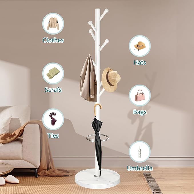 OIRUMIE Coat Rack with Natural Marble Base, Metal Coat Racks Freestanding, Modern Coat Rack Stand with 8 Hooks& Umbrella Holder, White Coat Clothes Tree Hats Hanger Stand for Entryway, Hallway