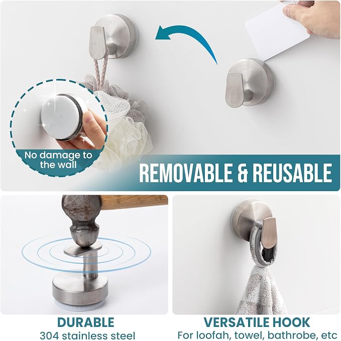 TAILI 304 Stainless Steel Bathroom Suction Hooks for Towel, Bathrobe, Loofah, Patented Strong Suction Cup Holder, No Damage Hanging Glass Shower Wall Hook, Retro High-Rise Design, 2 Pack, Silver