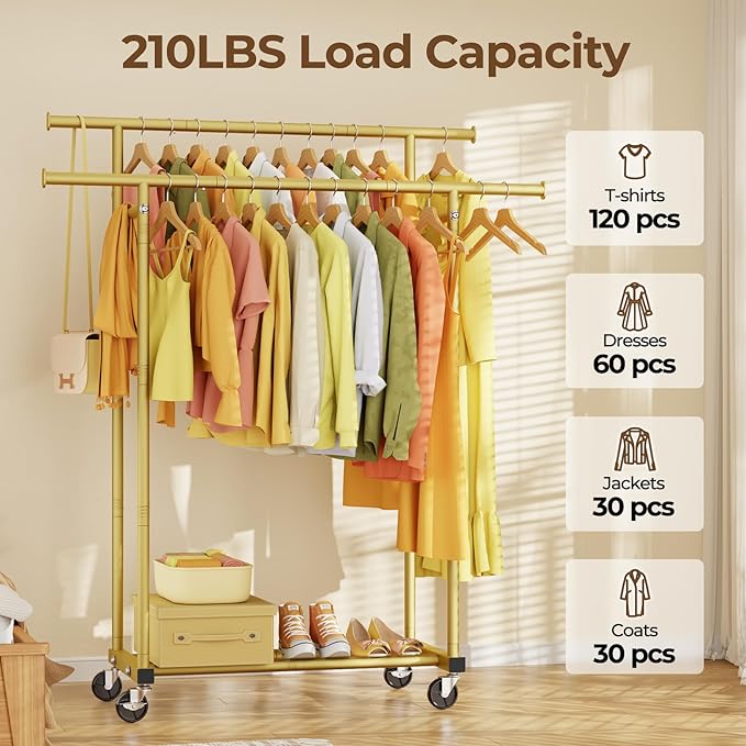 HYSEYY Double Rods Clothes Rack, Sturdy Rolling Clothing Rack, Portable Clothing Racks for Hanging Clothes - Metal Garment Rack Wardrobe Coat Rack for Bedroom Laundry Living Room, Gold
