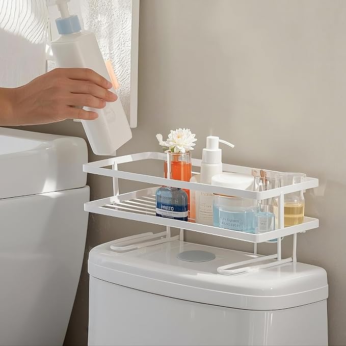 ShellKingdom Over The Toilet Storage Shelf, Toilet Paper Holder Stand Shelves, Punch-Free Bathroom Storage Rack with 2 Hooks, Small Space Organizers for Bathroom, Home, Countertop, White