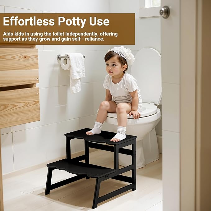 COSYLAND Toddler Step Stool with Armrest – Wooden Helper for Bathroom Sink, Potty, Kitchen, Bedroom – 300 lbs Load Capacity Ladder with Removable Anti-Fall Side Frame – Black