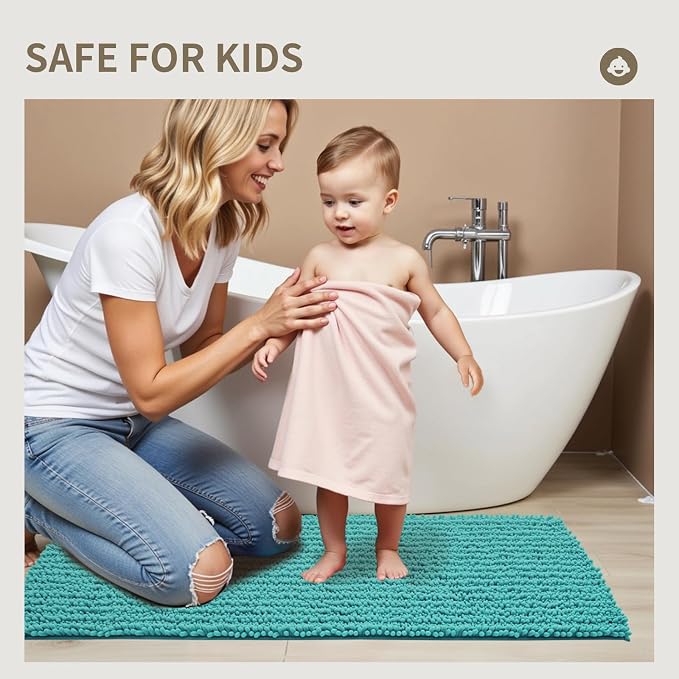 Bathroom Rugs Non Slip Washable 70x24, Extra Thick Soft Chenille Absorbent Bath Mat, High Density Barrier Non Slip Backing, Quick Dry Plush Shaggy Floor Carpet for Tub&Shower, TealBlue