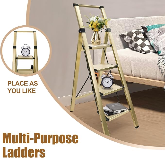Aluminium 4 Step Ladder Folding Stool-330lb Capacity Ladders with Anti-Slip Wide Pedal Portable Kids/Adults, Lightweight Ladder, Portable Multi-use Scene for Home/Kitchen/Office/Garden/Yard