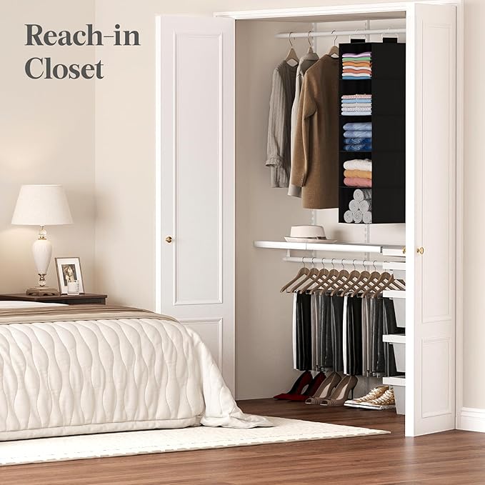 Lifewit 5 Tier Hanging Closet Organizer and Storage for Shelves, Foldable Clothes Shelf with 2 Sturdy Hooks, Sweater/Coat/Shoes Clothing Organization for Wardrobe, Dorm, Bedroom, Black