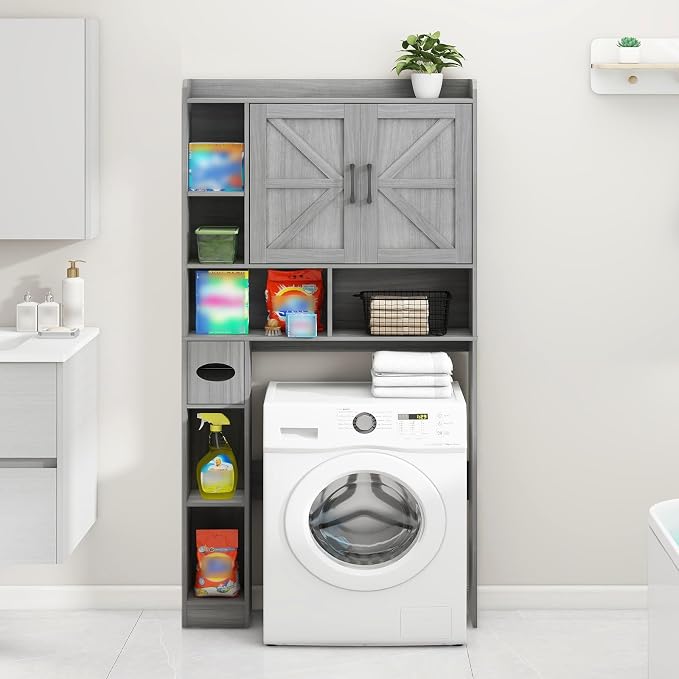 Vabches Over The Toilet Storage Cabinet, Farmhouse Style with 2 Barn Doors, Toilet Paper Holder, Space-Saving for Bathroom & Laundry, Gray
