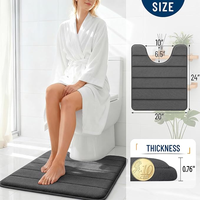 OLANLY Memory Foam Toilet Rugs U Shaped 24x20, Super Soft Absorbent Contour Bath Rugs, Quick Dry, Machine Washable Toilet Mat, Bathmat Floor Carpet, Bathroom Home Decor Accessories, Black