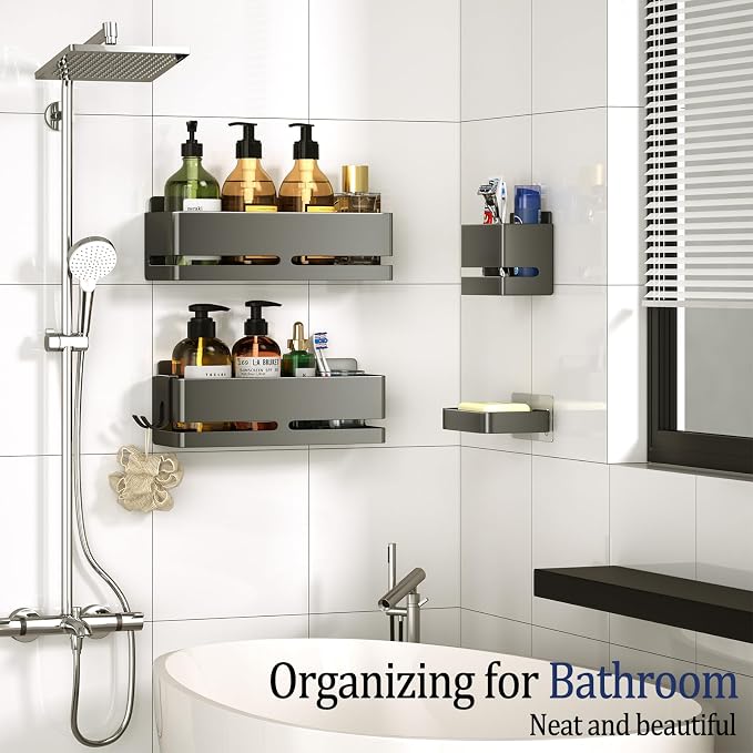 Bathroom Shower Caddy (5-piece Set Storage Rack), wall-Mounted Shelf with soap Dish and Toothbrush Holder, no Drilling Required, Ideal for Bathroom Storage and Also Suitable for Kitchen (Grey)