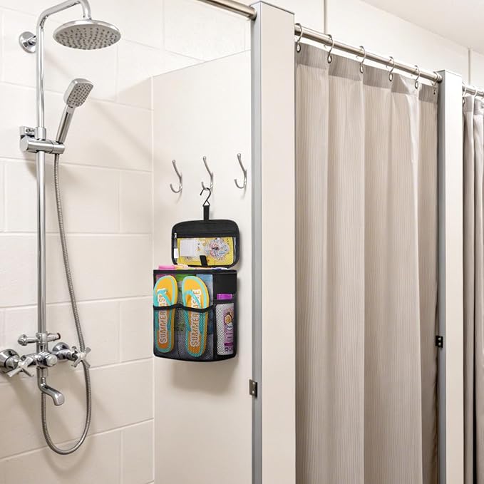 Lifewit Shower Caddy Portable, Toiletry Bag with Handle and 3 Mesh Pockets, Quick Dry Hanging Organizer for Bathroom, Gym, Travel, Camping, College Dorm Room Essentials for Women Men, Black
