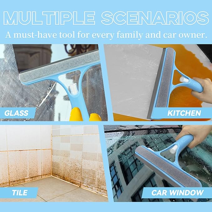 3 in 1 Window Cleaning Scraper,All-Purpose Spray Window Squeegee Cleaner Tool,for Glass Doors for Windows Glass, Mirrors Scraper, Brush (White)