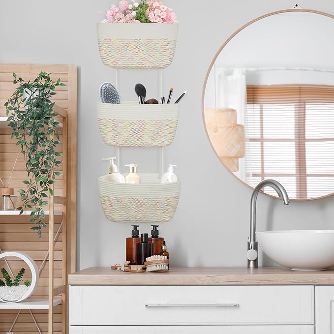 TeoKJ Over the Door Hanging Basket, 3-Tier Woven Cotton Wall-Mounted Storage Organizer Bag Decorative Hanging Nursery Baskets, White & Rainbow Stitching