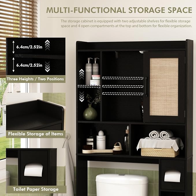 RUSTOWN Rattan Over The Toilet Storage Cabinet, Boho Over Toilet Bathroom Organizer with 2 Doors & Adjustable Shelves, Modern Above Toilet Rack with Toilet Paper Holder for Bathroom, Laundry(Black)