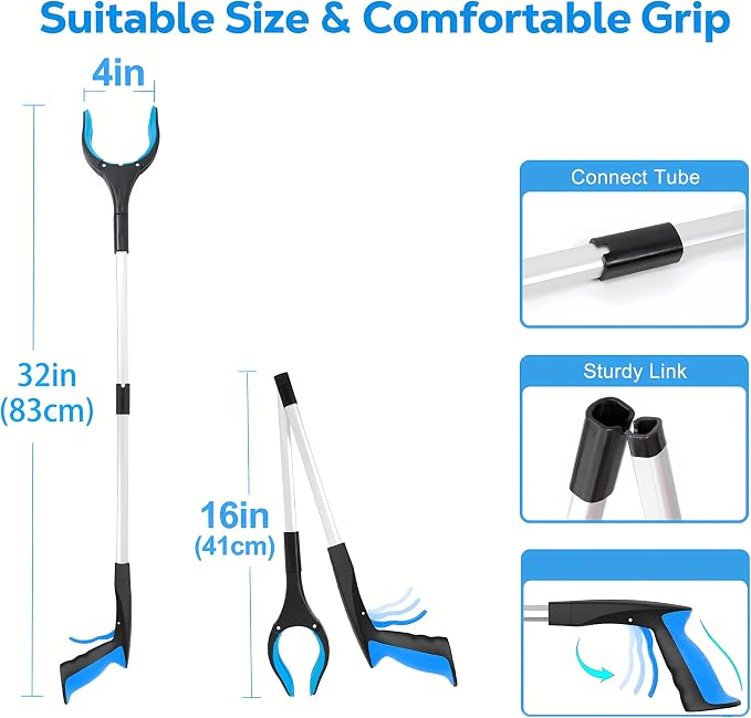 32" Grabber Reacher Tool (2-Pack), Foldable Trash Picker Upper with 360° Rotating Jaw & Magnetic Tip, Heavy Duty Reaching Assist Stick for Seniors, Post Surgery Recovery Must Haves Mobility Aid