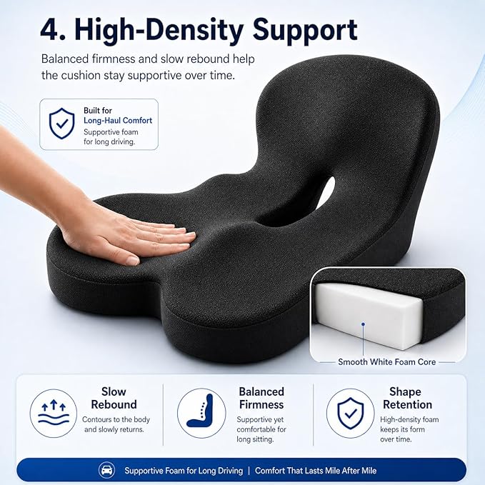 Orthopedic Cushion for Car, Extra Wide Thick Seat Cushion for Long Haul Driving with High Density Support and U-Shaped Tailbone Relief for Truck Drivers and Commuters (Black)