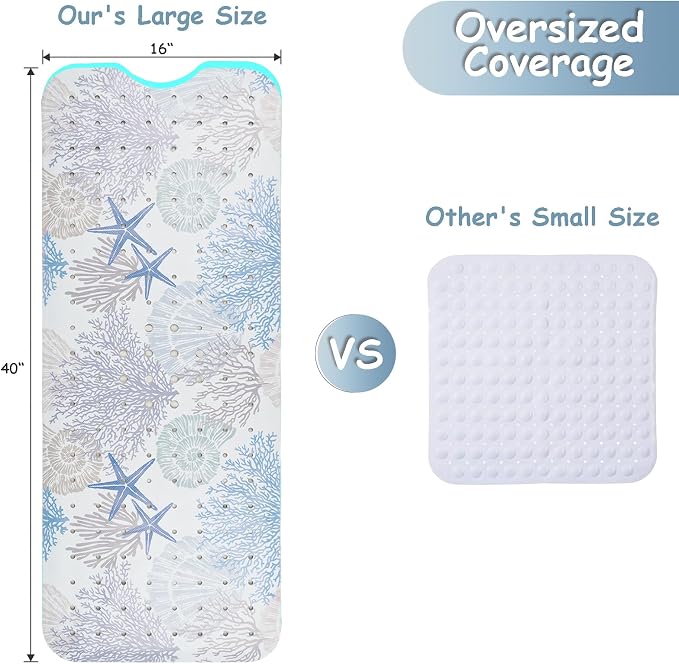 Bathtub Mat Non Slip, Extra Long Bath tub Mat Shower Floor Mat with Suction Cups and Drain Holes for Adults Kids Elderly 40 X 16 Inch