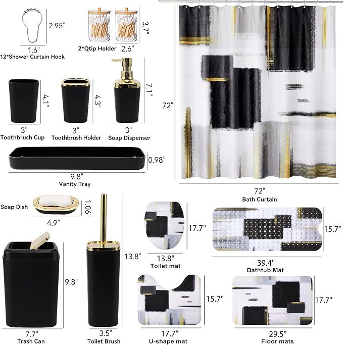 XLHOMO Bathroom Accessories Set - 26PCS Black Bathroom Set, Bathroom Accessory Set with Shower Curtain and Rugs and Bathtub Mats for Home