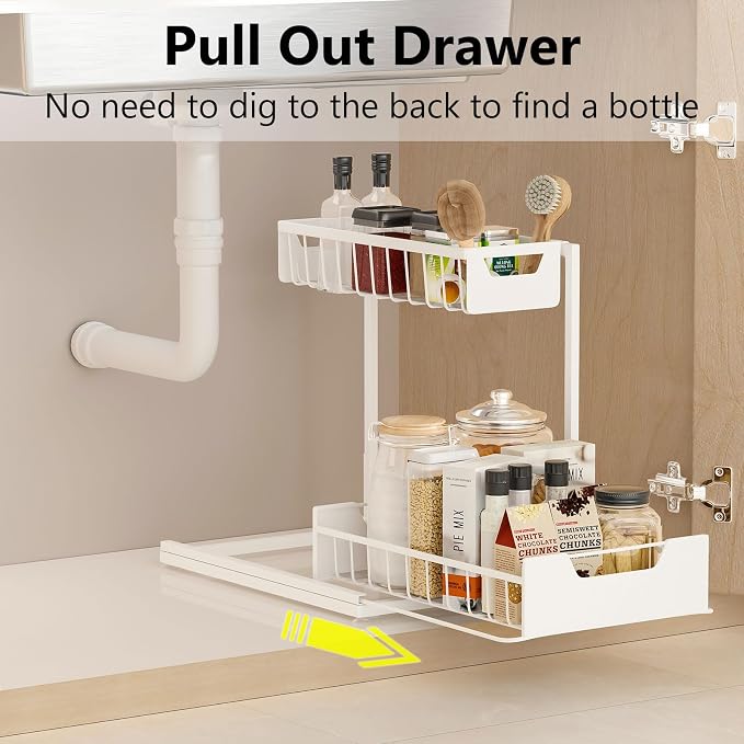 Ceetug Under Kitchen Sink Organizers and Storage Pull Out 2 Tier Metal Bathroom Cabinet Organizer (White, 1 Pack)