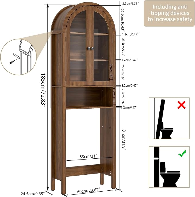 Arched Over The Toilet Storage Cabinet with Acrylic Doors, 4 Tier Small Bathroom Shelf Organizer, Mid Century Modern Bathroom Cabinet with Adjustable Shelf, Slim Narrow Arch Toilet Rack, Walnut