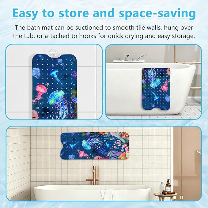 Baby Bath Mat for Tub Non Slip – 40"x16" Extra Long Cartoon Bathtub Mats for Kids Non Slip Shower Mat, Machine Washable, Sea Tub Mats with Suction Cups and Drain Holes for Toddler & Kids (Jellyfish)