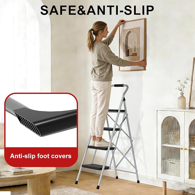 4 Step Ladder for Kitchen Step Stool, Lightweight Folding Step Stool with Curved Safety Handrail, Auto-Lock Mechanism & Non-Slip Wide Pedals, Slim 4 Step Ladder Foldable for Home Indoor（Sliver