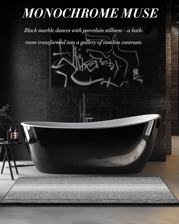 BSICPRO Chenille Bathroom Rugs, 24 x 43 Inches Non Slip Absorbent Bath Mat, Soft Shaggy Shower Bath Floor Mats for Bathroom, Machine Washable(Black)