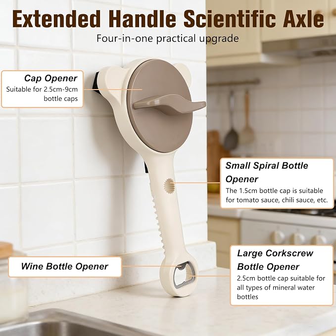Multi-Functional 4-in-1 Jar & Bottle Opener, Adjustable Grip for Lids 1-3.5 Inches, Magnetic Stainless Steel Can Opener with Ergonomic Handle, Easy Open Kitchen Tool (1-Pack, Beige)