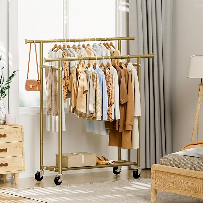 HYSEYY Clothes Rack, Double Rods Rolling Clothing Rack for Hanging Clothes, Portable Garment Rack with Wheels, Coat Rack Wardrobe Closet Load 240 LBS for Bedroom Laundry Room (Glod, L)