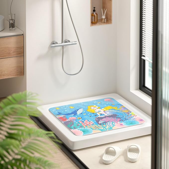 HITSLAM Square Shower Stall Mat Anti Slip, Quick Dry 21x21 Inch Bathtub Floor Mat for Kids with Suction Cups and Drainage Holes, Machine Wash, Soft on Feet, Mermaid