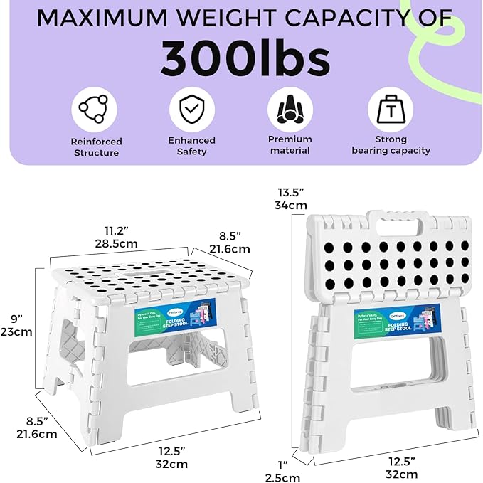 Dyforce Folding Step Stool 9 Inch, Kids Step Stool, Heavy Duty Step Stools for Adults, Compact Foot Stools, Light-Weight Toddler Step Stools for Kitchen, Bathroom, Holds Up to 300 lbs (White)