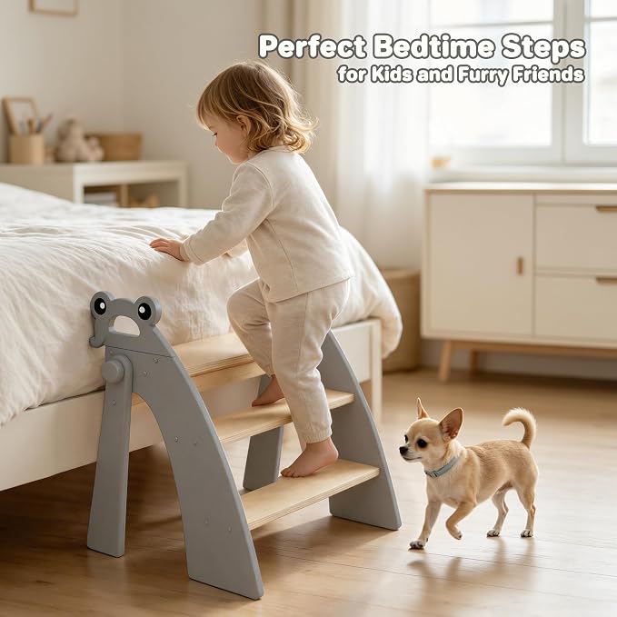 Step Stool for Toddlers, 3-Step Kids Step Stool for Bathroom Sink, Foldable Toilet Potty Training Bamboo Wooden Stool with Handles and Non-Slip Pads for Bedroom, Kitchen Stool Helper, Grey