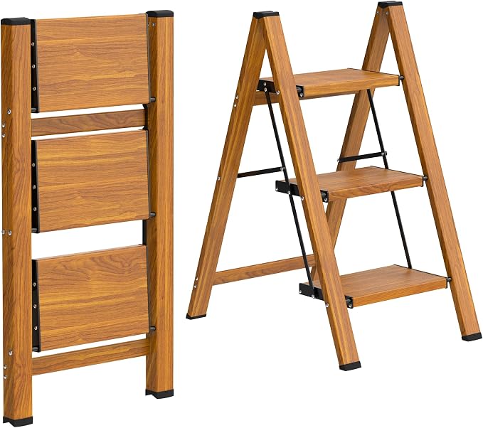 HBTower Step Ladder,Lightweight Aluminum Folding Step Stool with Anti-Slip Wide Pedal,330lbs Capacity Step Ladder for Household,Kitchen,Office - Woodgrain