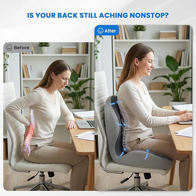 Ergonomic Seat Cushion for Tailbone Sciatica Lower Back Pain Relief, Gray L-Shaped Seashell Memory Foam Coccyx Hollow Cushion, 2-in-1 Lumbar Back Support Pillow for Office Gaming Car Chair