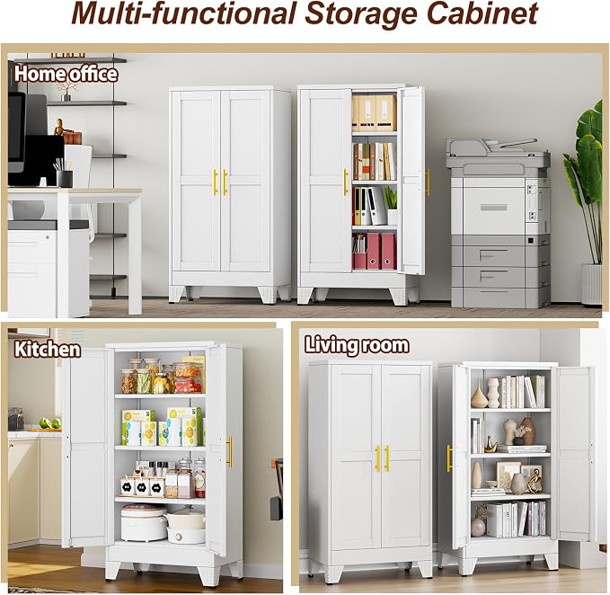 47" White Metal Garage Storage Cabinet with 2 Doors and 3 Adjustable Shelves,Kitchen Pantry Cabinet,File Cabinet,Steel Tool Cabinet for Home,Office,Garage,School,Warehouse
