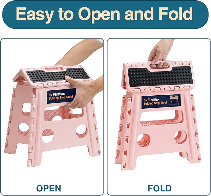 Flottian 13" Folding Step Stool for Adults and Kids Holds Up to 300 lbs,Non-Slip Folding Stools with Handle, Compact Plastic Foldable Step Stool for Bathroom,Bedroom, Kitchen,Sakura Pink,1PC