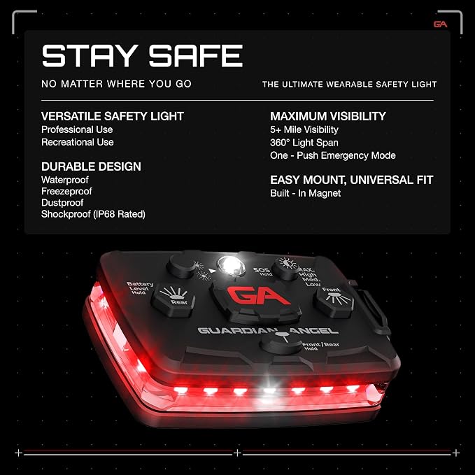 Guardian Angel Elite Series Safety Light - Red Front & Red Rear - Rechargeable, Magnetic, Hands-Free Wearable & Mountable LED Light for Firefighters, First Responders, EMS & Rescue Ops