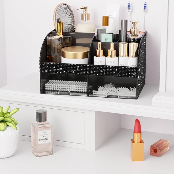 Bling Makeup Organizer with Drawers, Cosmetic Storage for Dresser Vanity and Bathroom Countertop, Beauty Holder for Lipstick Brush, Skincare Organizer for Vanity, Cosmetic Display Case Bling Black