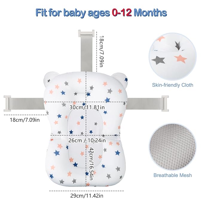 Colorlife Baby Bath Seat Support Net Infant Bathing Seat Support Mat, Adjustable Comfortable Non-Slip Three-Pointed Baby Shower Bathtub Sit Up Mesh for Newborn 0-12 Months-White Star(No Bathtub)