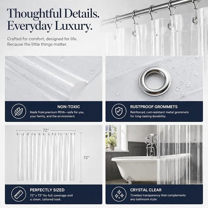 EHZNZIE Frosted Shower Curtain Liner 72x84, PEVA Waterproof Bath Curtain, No Chemical Smell, 3 Weighted Magnets, Durable with Rustproof Metal Grommets