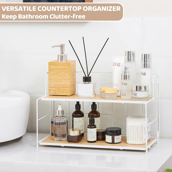 Edergoo Bathroom Counter Organizer 10s Tool-Free Install, 2 Tier Bathroom Organizers and Storage, Collapsible Bathroom Organizer Countertop, Wood Bathroom Kitchen Countertop Organizer, White