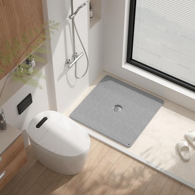 HITSLAM Shower Mat, 27x27 Inch Square Non Slip Bathtub Mat, Soft PVC Loofah Bath Mat for Tub with Hanging Holes, Quick Drying Shower Floor Mat, Without Suction Cups, Grey