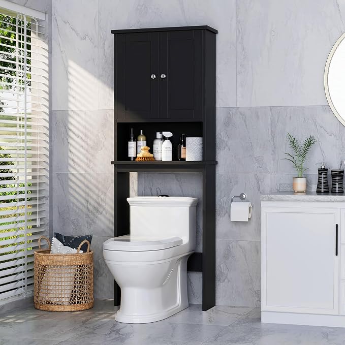 Over the Toilet Storage Cabinet for Bathroom, Black Bathroom Over Toilet Cabinet Freestanding Storage Organizer, Space Saver with Doors and Adjustable Shelf, Black