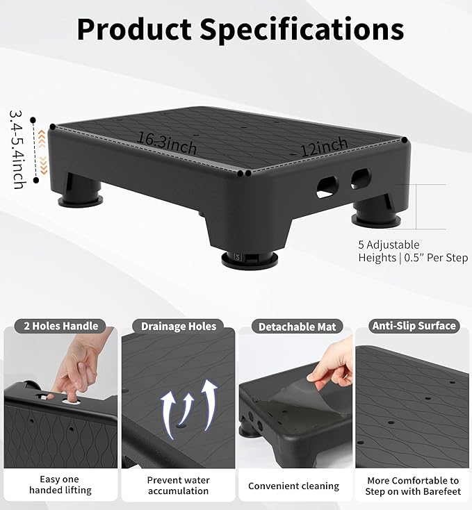 5-Level Adjustable Step Stool, 700 LBS Capacity Safety Bed Step for Seniors, Exercise Setp Platform, Portable Stair Assist for Elderly, Wide Step up for Kitchen, Car, Bedside & Shower, Black