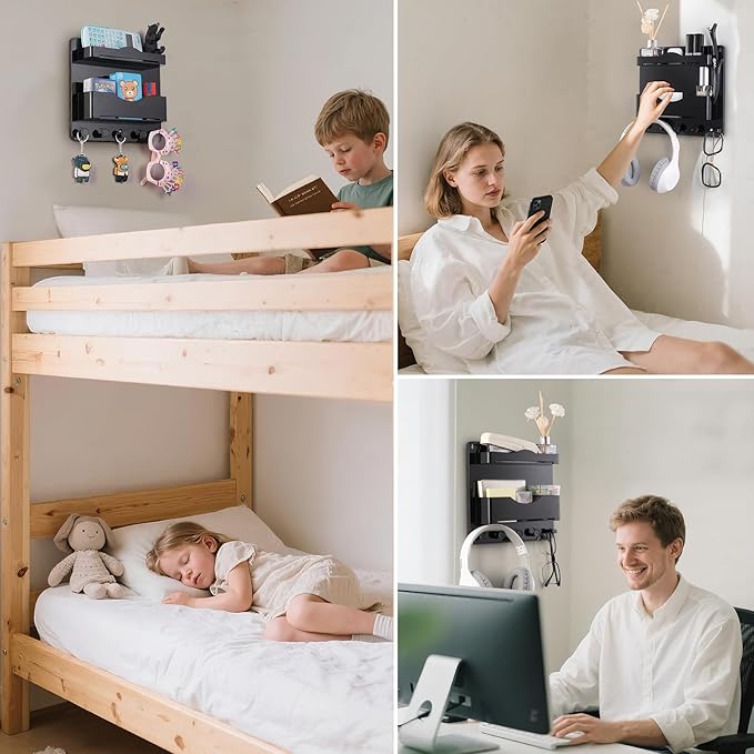 Bedside Wall Shelf with Glasses Hooks ，Adhesive Bedside Organizer Wall Mount for Dorm and Room Accessories Phone，Remote，Earphone， Kindle (Black)