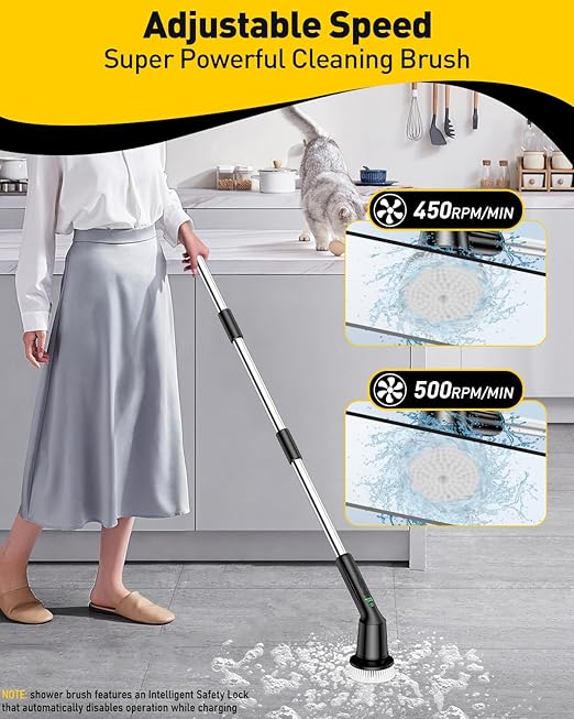 Shower Scrubber with Long Handle, Shower Cleaner Brush with 8 Brush Heads, Cordless Electric Spin Scrubber for Cleaning with 2 Speed, Cleaning Supplies for Bathroom Bathtub Kitchen Floor Tile Toilet